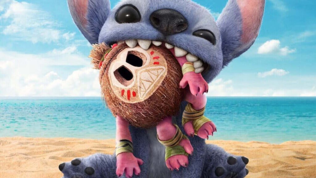 A realistic CGI version of Stitch from Disney's Lilo & Stitch sits on a beach, playfully biting into a coconut styled like a Kakamora — the mischievous coconut-armored characters from Moana. The ocean and blue sky create a sunny, tropical background, enhancing the fun, crossover vibe