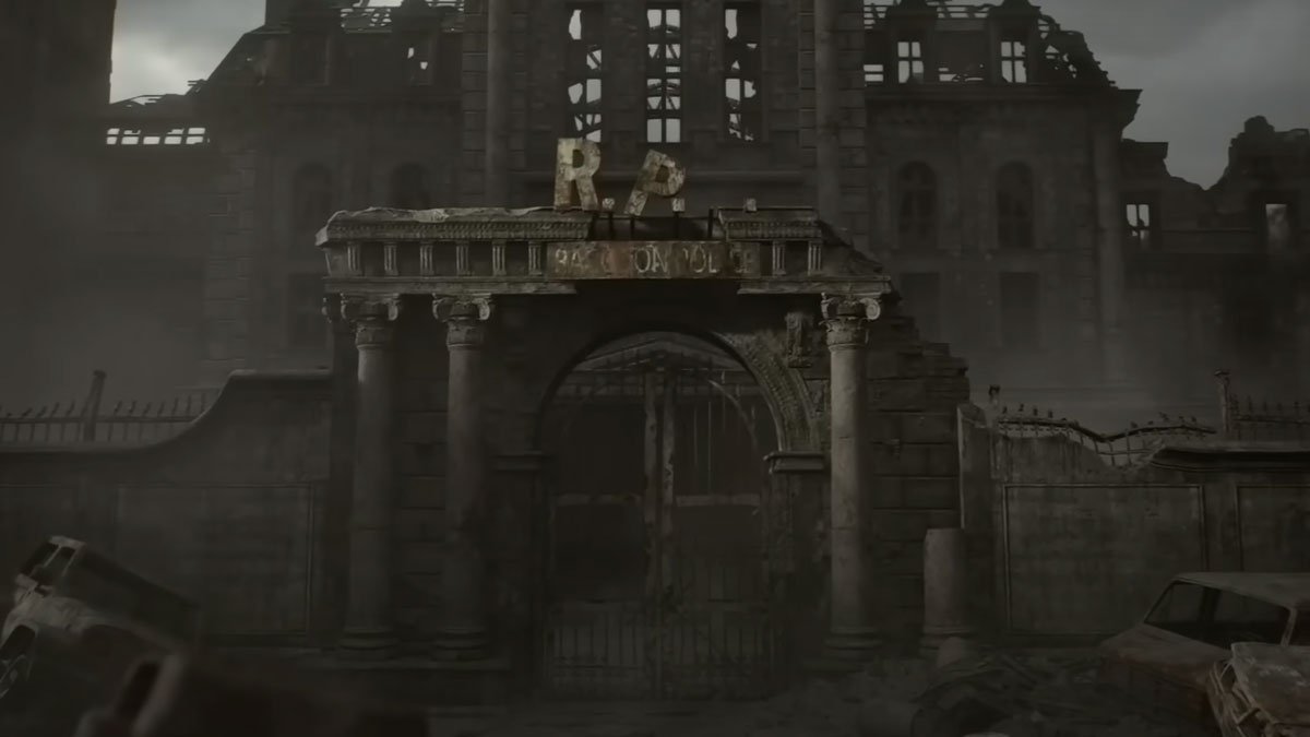 A dark, decayed version of the Raccoon Police Department building from the Resident Evil series, with broken gates, collapsed walls, and an eerie atmosphere.