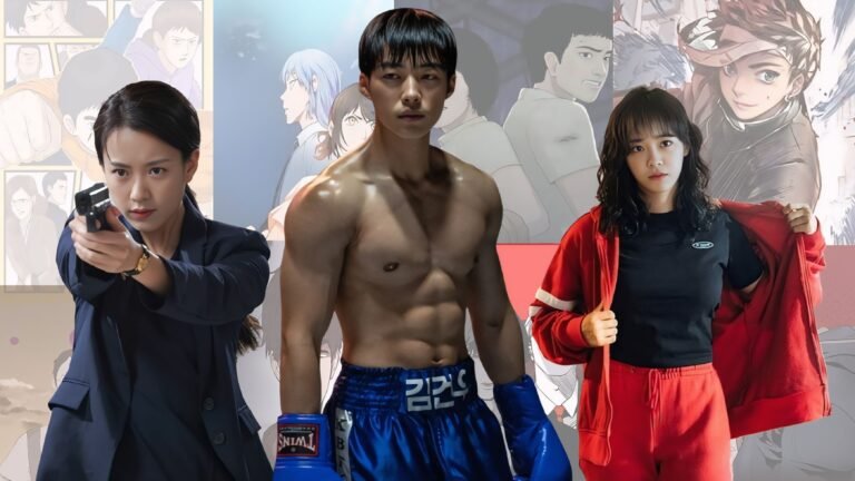 Characters from Moving, Bloodhounds, and The Uncanny Counter — three leading Korean action shows based on webtoons — standing against illustrated backgrounds from their original webtoon versions.