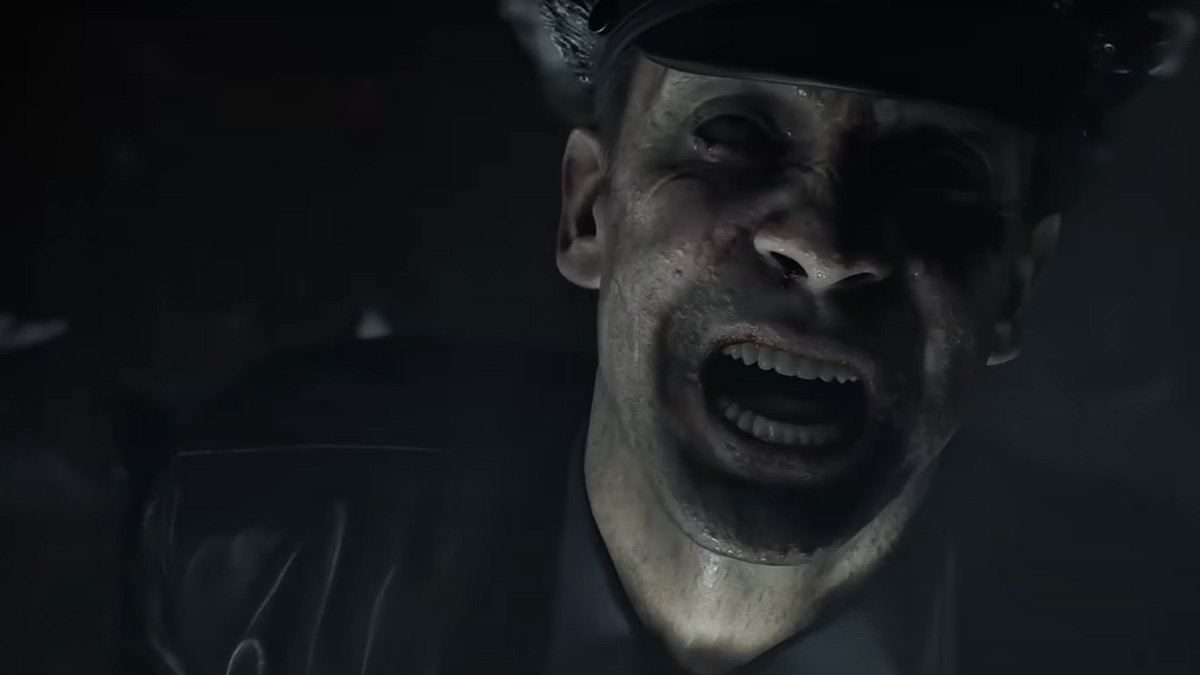 Close-up of an infected police officer screaming in the Resident Evil Requiem trailer