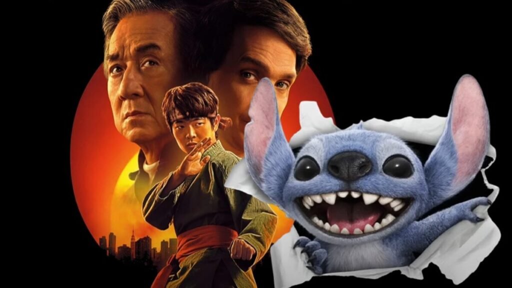 Stitch from Disney’s Lilo & Stitch cheerfully tearing through the poster of Karate Kid: Legends featuring Jackie Chan, Ralph Macchio, and Ben Wang."
