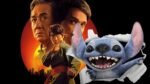 Stitch from Disney’s Lilo & Stitch cheerfully tearing through the poster of Karate Kid: Legends featuring Jackie Chan, Ralph Macchio, and Ben Wang."