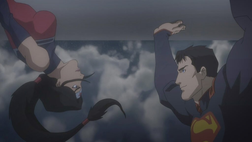 Wonder Woman hangs upside down mid-air, facing Superman in a tender moment above the clouds from Justice League: War.