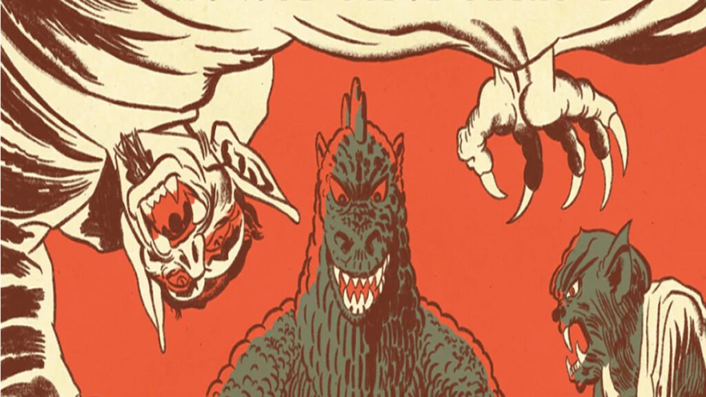 Godzilla, Dracula, and a werewolf in vintage comic art style from Godzilla's Monsterpiece Theatre