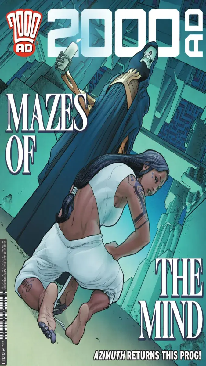 2000 AD Prog 2440 cover art featuring Suzi Nine in a futuristic digital maze with Lord Killfile