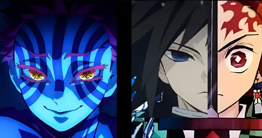 Akaza lunges at Tanjiro and Giyu in the Infinity Castle Arc battle scene
