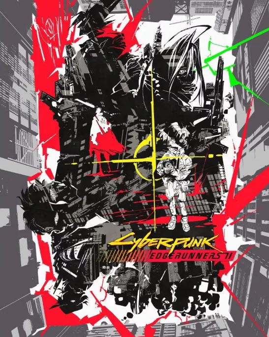 Abstract poster of Cyberpunk: Edgerunners 2 showing eight silhouetted characters in a neon-lit style, teasing the anime's new cast.