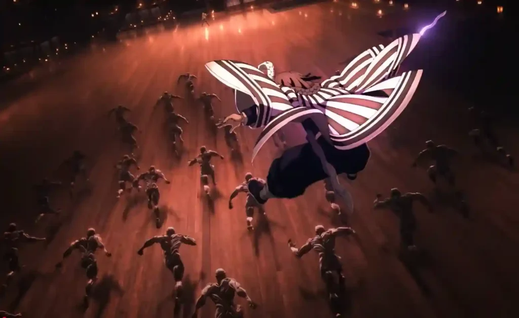 Snake Hashira Obanai Iguro jumps into a crowd of demons inside the Infinity Castle