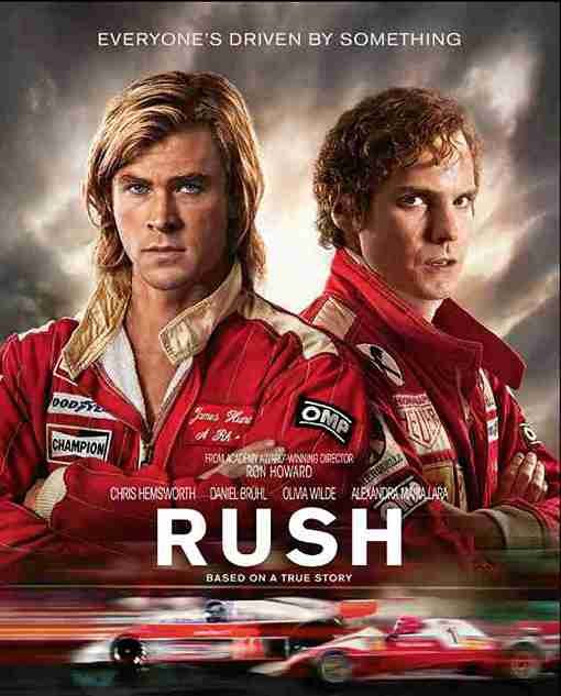 Scene from Rush (2013) showing James Hunt and Niki Lauda during a Formula 1 race.