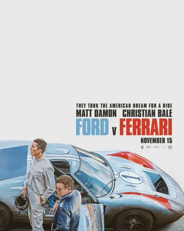 Scene from Ford v Ferrari (2019) featuring Ken Miles driving the Ford GT40 during the Le Mans race.