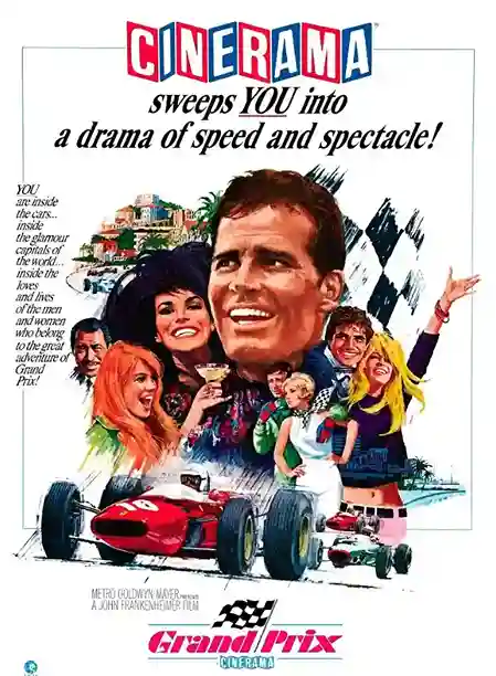 Scene from Grand Prix (1966) showing a Formula 1 car speeding through a track during a dramatic race.