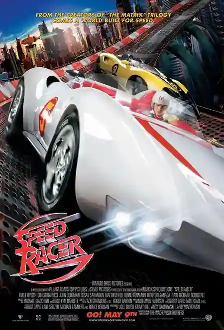 Scene from Speed Racer (2008) showing Speed in the Mach 5 during a colorful, high-speed race.
