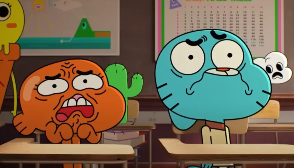 Gumball and Darwin from The Wonderfully Weird World of Gumball in a colorful, surreal scene from the new 2025 Hulu series.