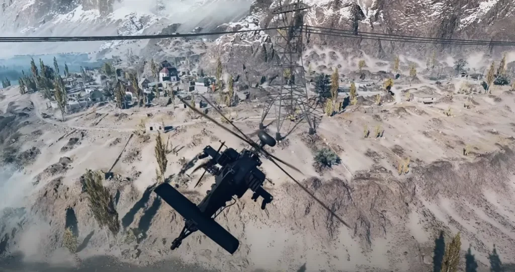 AH-64E Apache attack helicopter in Battlefield 6 beta mid-flight over combat zone