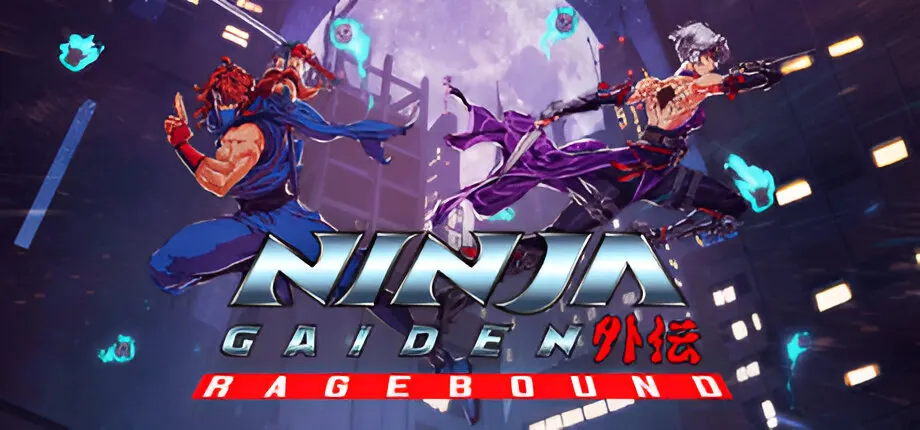 A ninja slashing through enemies in a dark cityscape, in pixel art style from Ninja Gaiden: Ragebound.