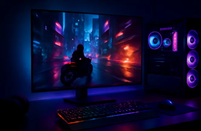 Premium gaming setup featuring SAMSUNG 27-inch Odyssey OLED monitor with deep blacks and vibrant colors