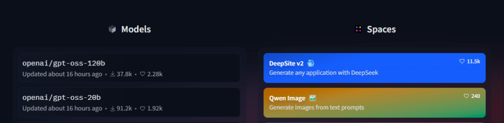 Screenshot of Hugging Face website showing gpt-oss-120b and gpt-oss-20b model cards